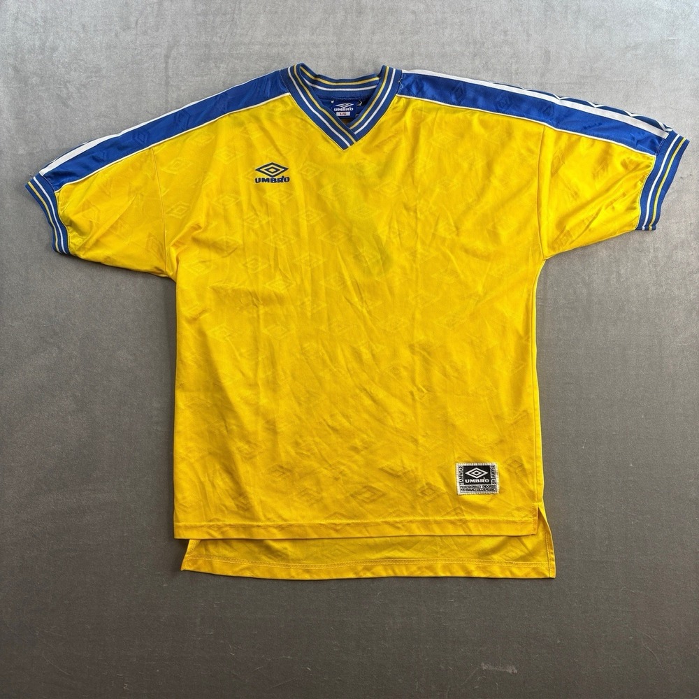 VTG Umbro Soccer‎ Jersey Yellow Blue V-Neck Football Men's Large